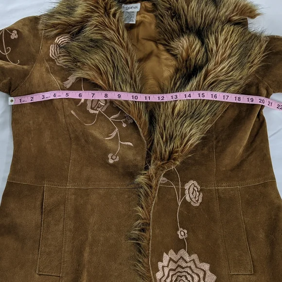 ✌️Penny Lane Brown Faux Fur Trimmed Women's Suede Leather Jacket 🎸 - Picture 11 of 15